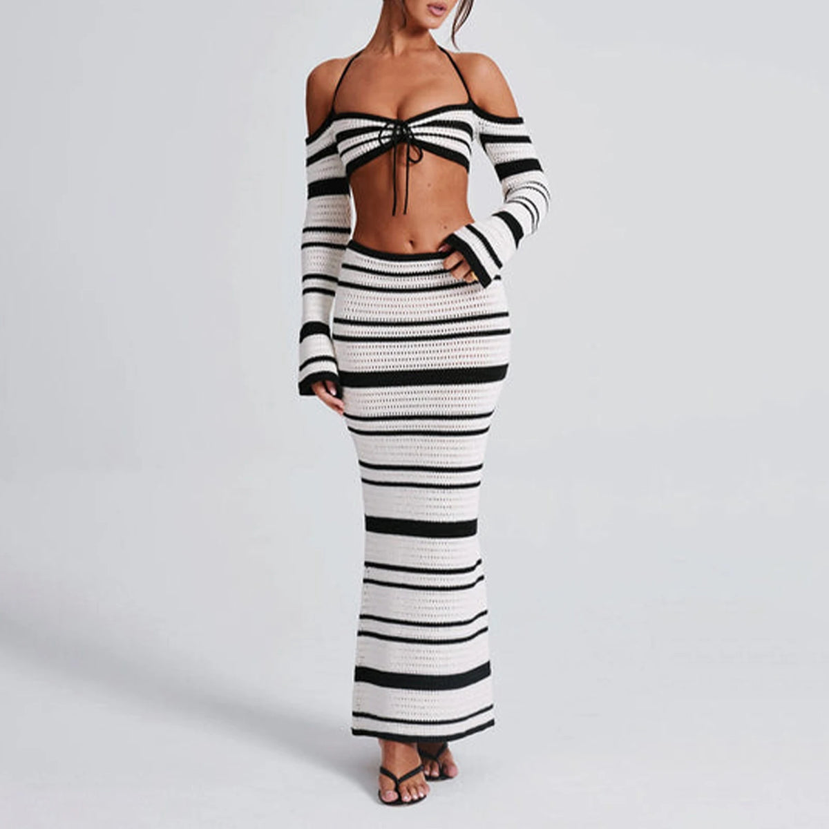 Knit Stripe Women 2 Piece Set Halter Slash Neck Lace Up Long Sleeve Tops and Maxi Skirts Sexy Mujer Club Midnight Suit