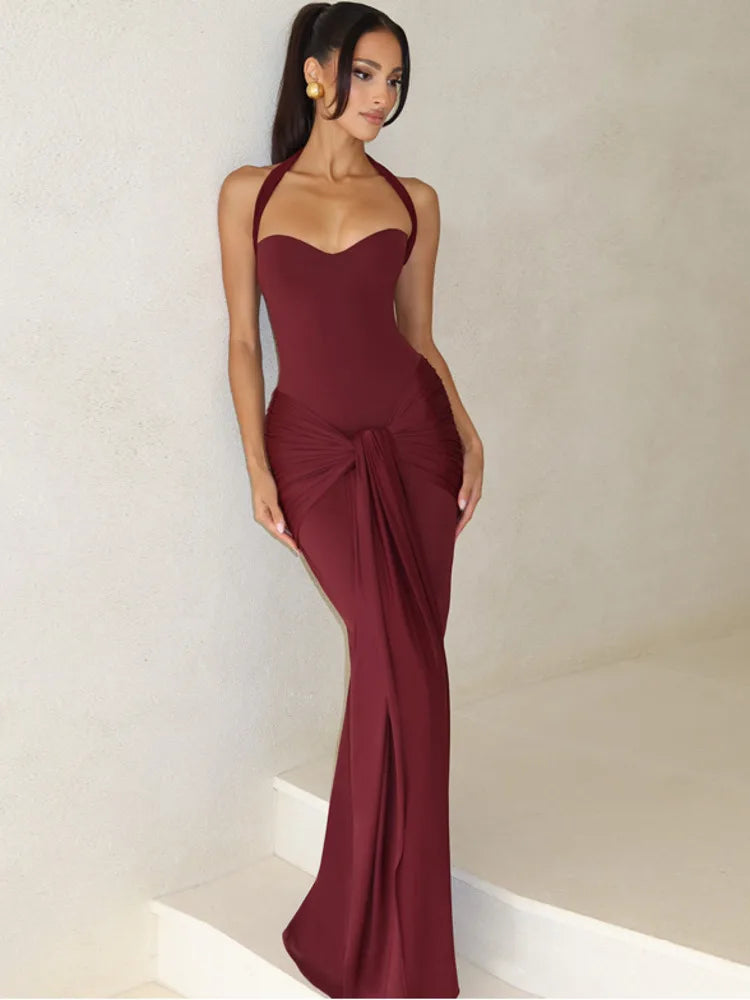 Halter Backless Sexy Maxi Dress Women Elegant Sleeveless Ruched Waist Draped Bodycon Club Party Evening Cocktail Dress