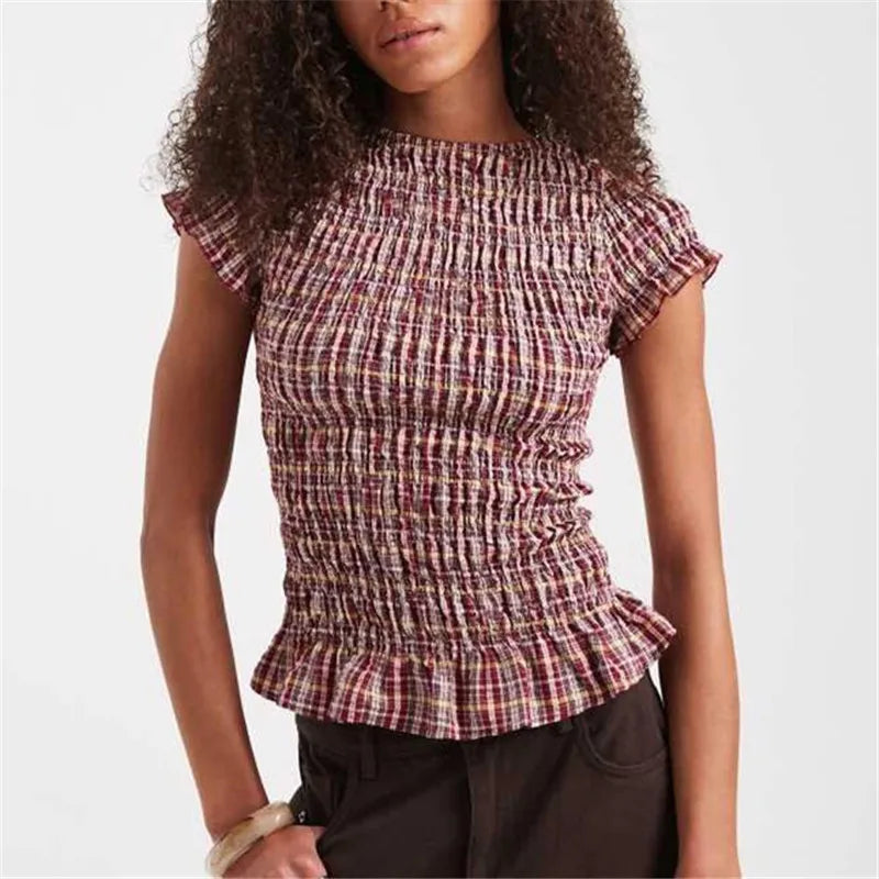 Women Gingham Plaid Smocked Blouse Short Sleeve Ruffle Trim Crew Neck Slim Fit Top Cottage Y2K Casual Summer Streetwear