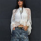 Women's Sheer Shirts Flare Long Sleeve Mock Neck Lace Floral Tops Fashion Ruffled Peplum Hem Cropped Blouse Streetwear