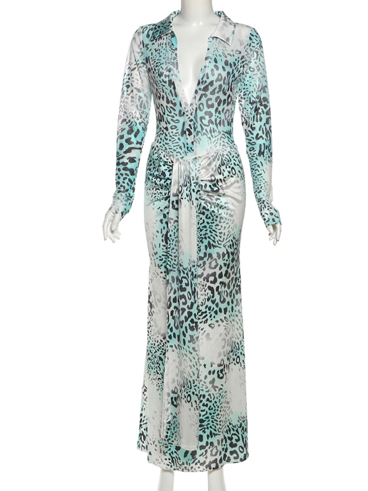 Leopard Print 2 Piece Set Women Sexy Y2K See Through Bodysuit+Ruched Ribbon Thick Skirts Matching Vacation Clubwear