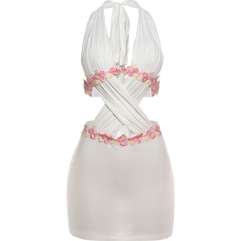 Flower Applique Backless Dress Women Sexy  Hollow Cross Halter Bandages Sleeveless Fashion Vacation Party Bodycon