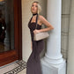 Halter Backless Long Maxi Dresses for Elegant Woman Brown Mesh Party Dress