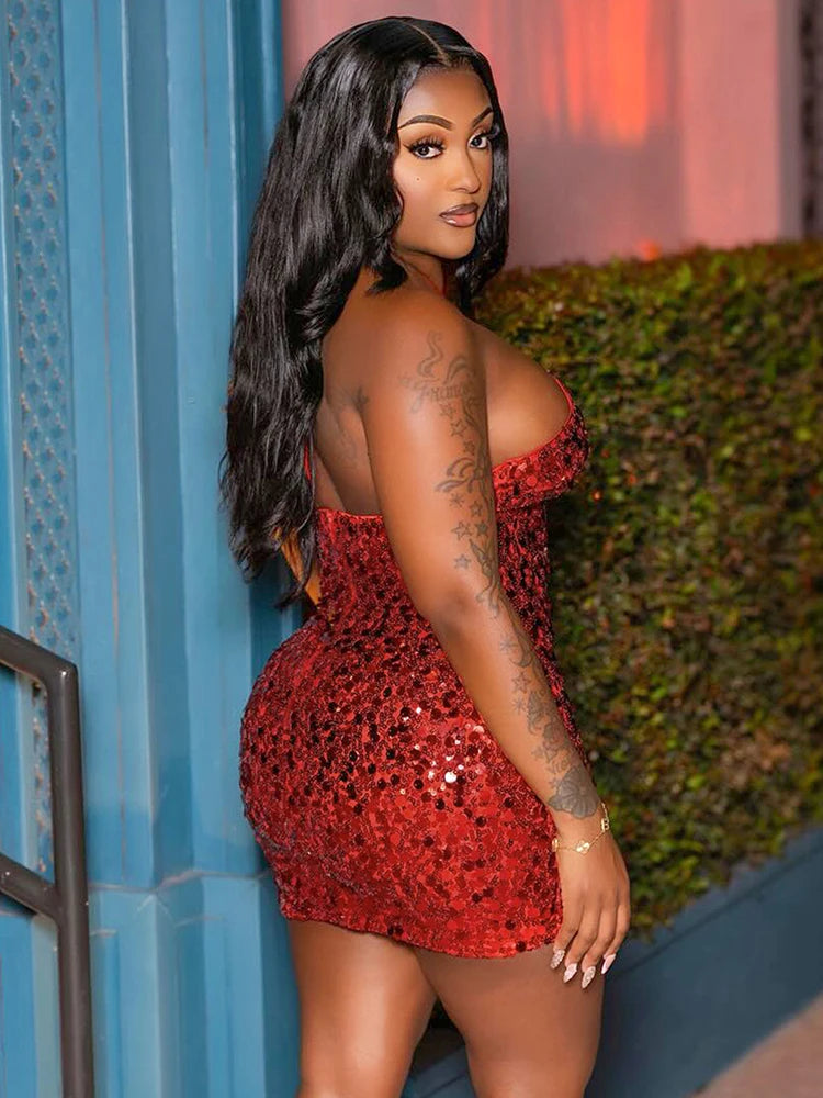 Sequins Halter Glitter Dress Women Y2K Sexy Low-Neck Sleeveless Bandage Coquette Midnight Party Club Skinny Bodycon