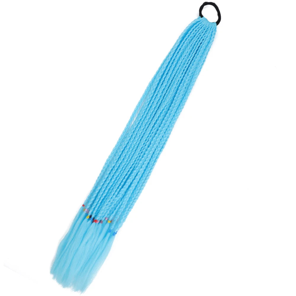 Synthetic 24inch Girls Colored Box Braided Ponytail With Elastic Rubber Band Hair Extensions Rainbow Color Box Pigtail Hairpiece