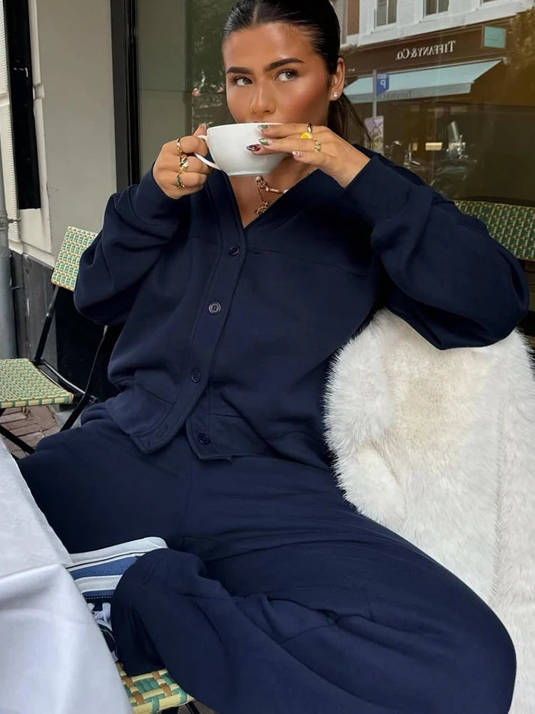 Casual Tracksuits 2Piece Set V-Neck Single Breasted Jacket+Drawstring Pants Matching Simple Streetwear Sporty Outfits