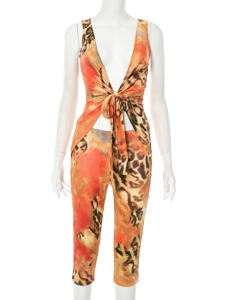 Hollow Cross Knot Romper Women Sexy Sleeveless Bandage Leopard Print Sexy Workout Activity Streetwear Skinny Playsuit