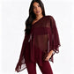 Off Shoulder 3 Piece Capri Set with Sheer Mesh Poncho Top Black Casual Outfits for Woman Fashionable Clothing