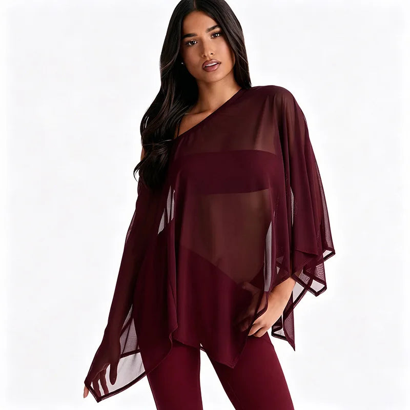 Off Shoulder 3 Piece Capri Set with Sheer Mesh Poncho Top Black Casual Outfits for Woman Fashionable Clothing