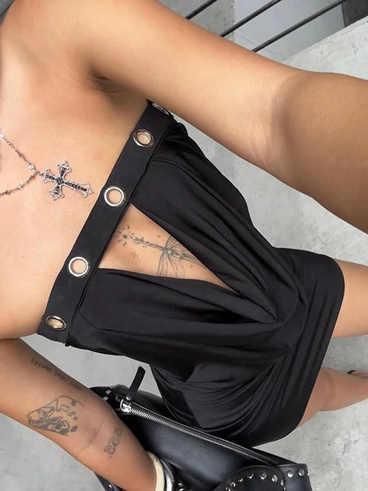 Metal Hollow Dress Women Sexy Y2K Ruched Swing Collar Skinny Midnight Coquette Party Summer Trend Streetwear Bodycon