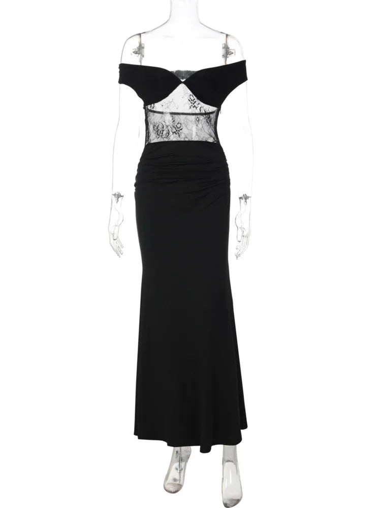 Off-shoulder Strapless Sexy Maxi Dress Women Elegant Lace See Through Sleeveless Backless Bodycon Club Party Dress