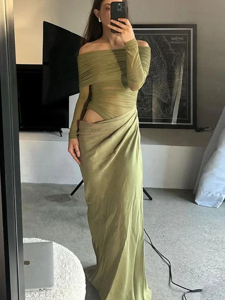Off Shoulder Long Dresses See Through Mesh Spliced Black Dinner Dress Sexy Elegant Birthday Outfits