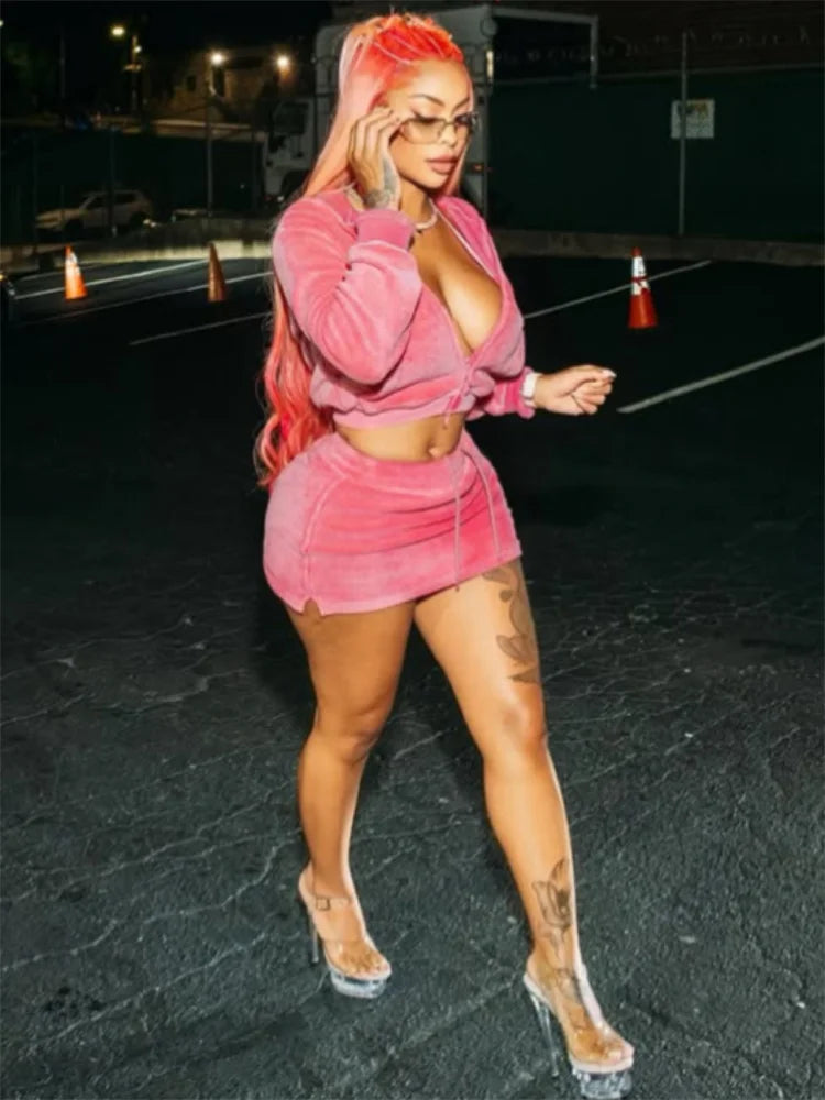 Velvet 2-Piece Set Women Zip Hooded Long Sleeve Crop jacket+Drawstring Split Skirts Matching Street Matching Outfits