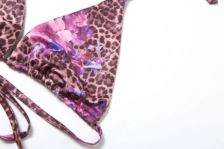 Summer Flower Leopard Print 3-Piece Set Women Halter Bra+Strap Shorts+Folds Skirts Skinny Sexy Beach Party Matching Suits