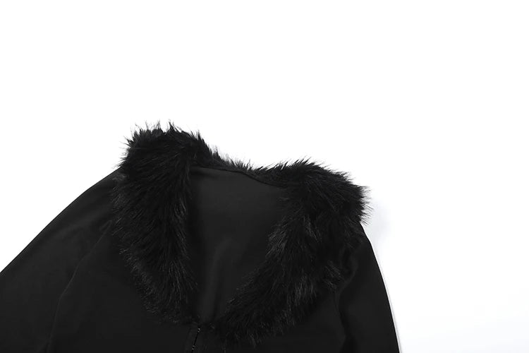 Elegant 2 Piece Set Woman Furry Patchwork Autumn Style Hidden Breasted Full Sleeve Crop Tops+Mini Skirts Fashion Suits