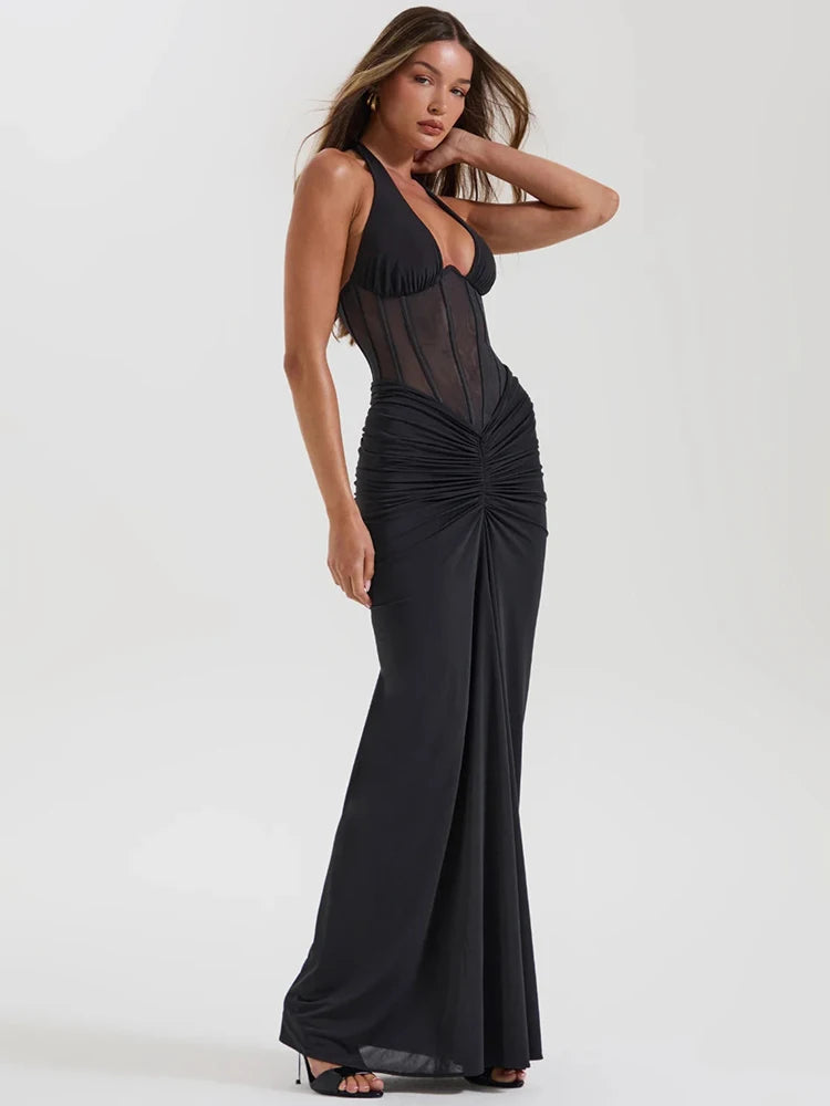 Halter Backless Sexy Maxi Dress Women V Neck Off-shoulder Sleeveless Draped Ruched Bodycon Club Party Long Dress
