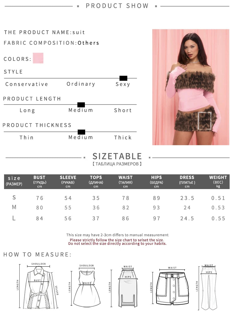 Furry Patchwork 2 Piece Set Woman Leopard Print Slash Neck Full Sleeve T-Shirt+Rhinestone Decoration Mini Shorts Suit