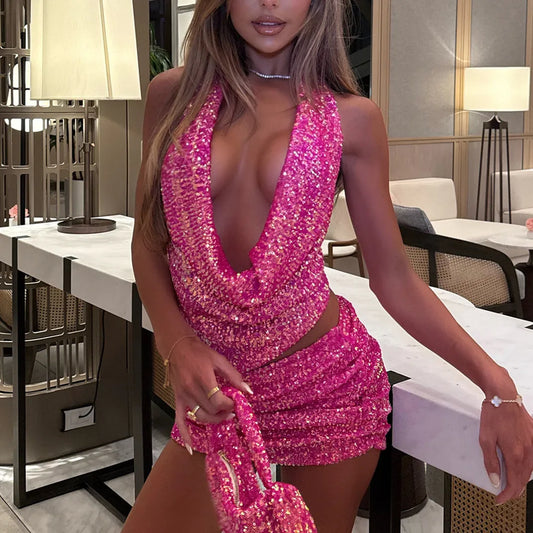 Women Sequin 2 Piece Outfit Sparkly Sexy Bodycon Sleeveless Halter Crop Top Split Mini Skirt Set Going Out Club Suit