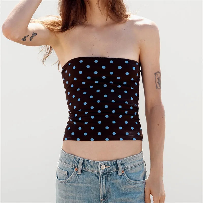 Y2K Vintage Polka Dot Print Strapless Tube Top Women Sleeveless Slim Fit Cropped Bandeau Top Summer Basic Camisole