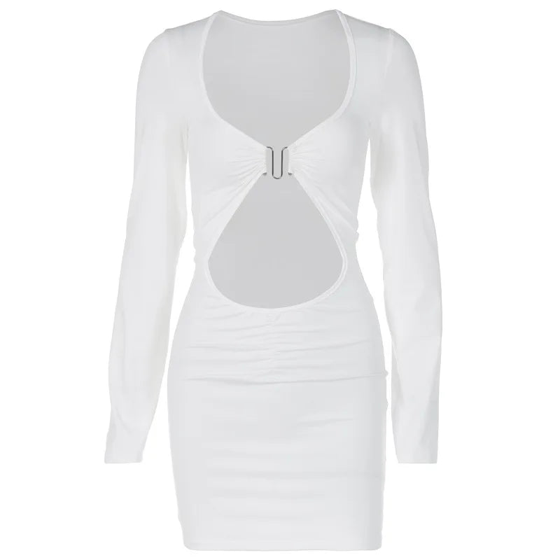 White Long Sleeve Bodycon Dress Sexy Hollow Out Deep V Neck Short Dresses for Women Fall Winter Club Outfits