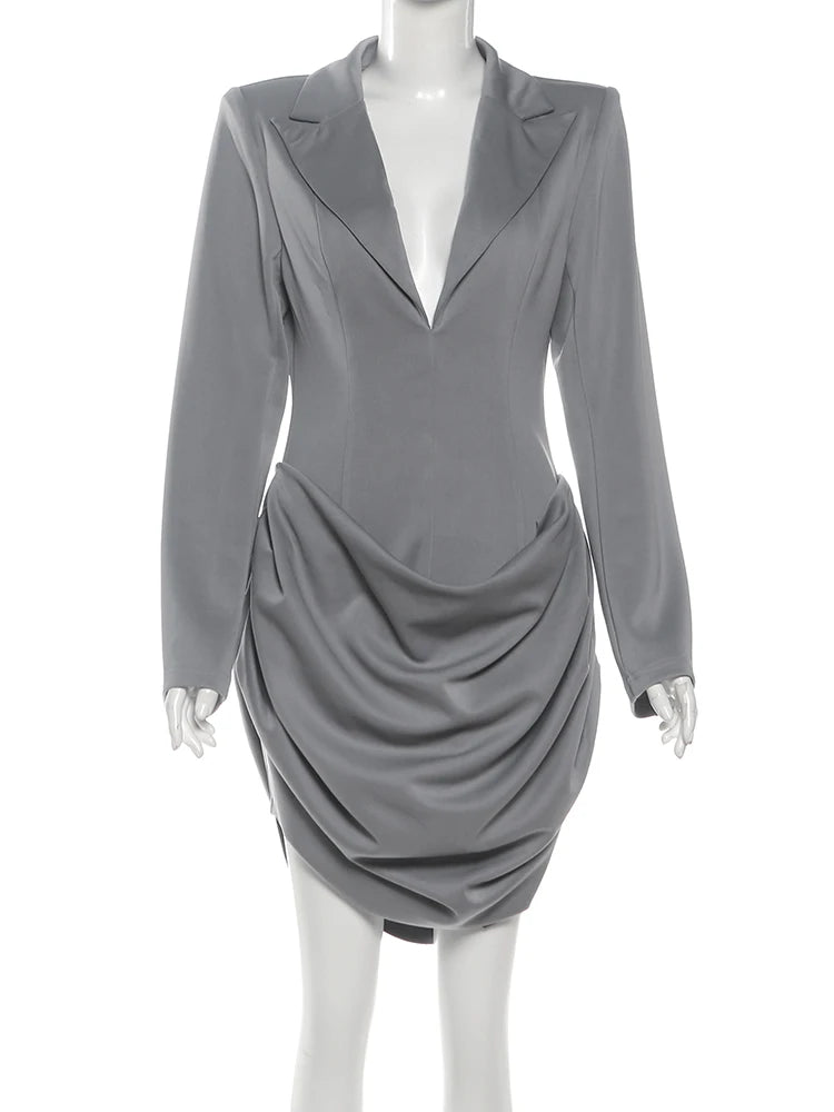 Office Dress Women Lapel Irregular Hem Full Sleeve Skinny Solid Simple Classic Elegant Autumn Trend Commute Mini Bodycon