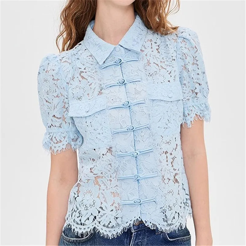 Vintage Floral Lace Blouse For Women Mandarin Collar Frog Button Puff Sleeve Sheer Hollow Out Shirt Solid Summer Party
