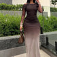 Mesh Gradient Maxi Dress Women Ruched Slash Neck Backless Full Sleeve Vacation Street Fashion Elegant Skinny Vestidos
