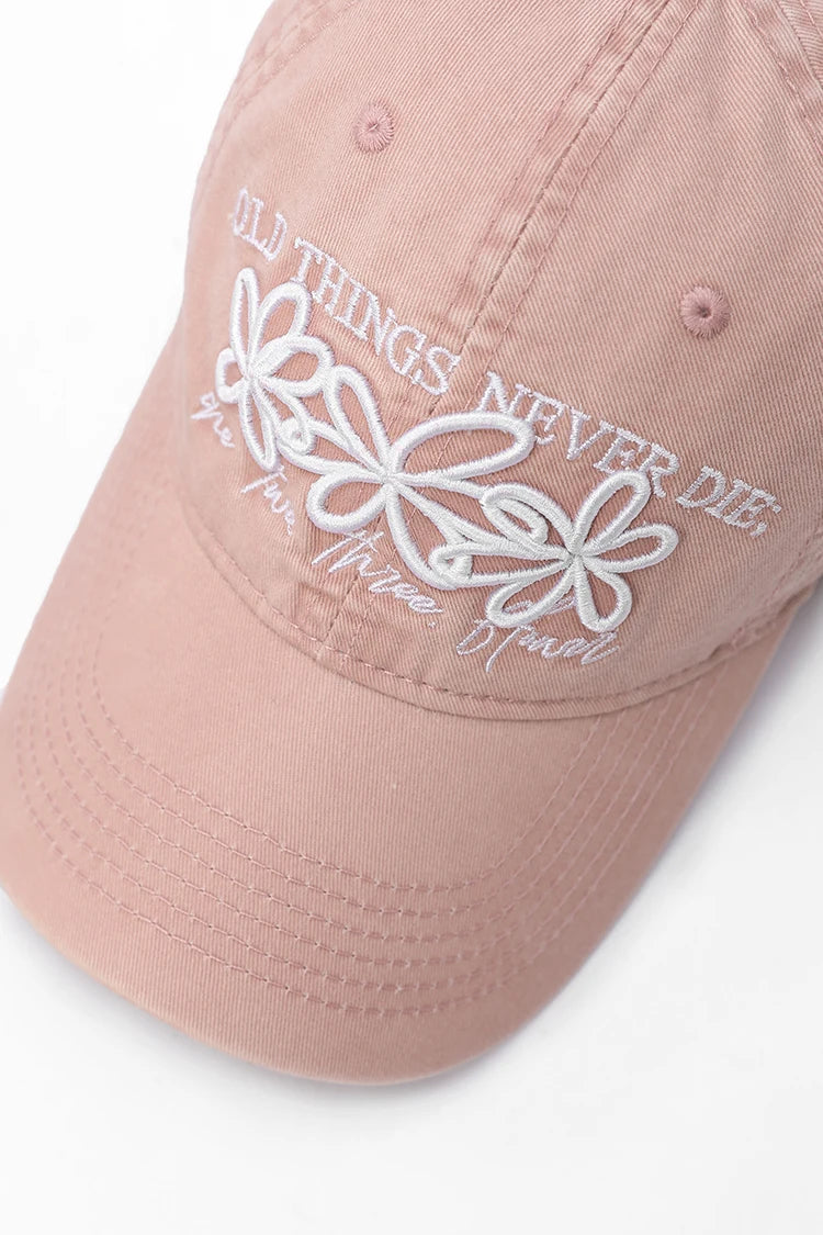 Vintage Washed Cotton Baseball Cap with Cute Flower Embroidery