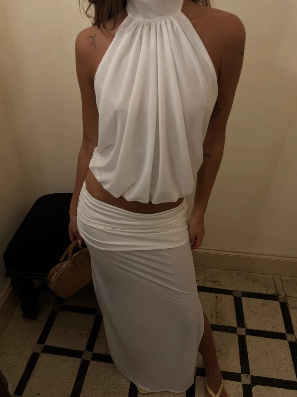 Halter Backless Crop Top And Ruched Maxi Skirt 2 Piece Set Sheer Mesh Sleeveless Y2K Summer Outfits For Women Club Party