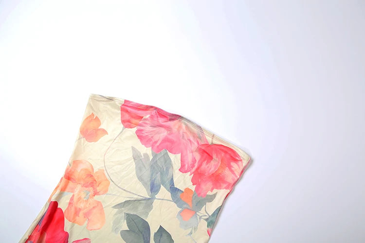 Flower Print 2 Piece Set Women Elastic Strapless Dress+Ribbon Scarf Vacation Party Elegant Fashion Stretch Vestidos