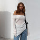 Asymmetric Off Shoulder Long Sleeve Tops White Hollow Knit Sheer Y2k T Shirt Sexy Fall Clothes for Women 2023