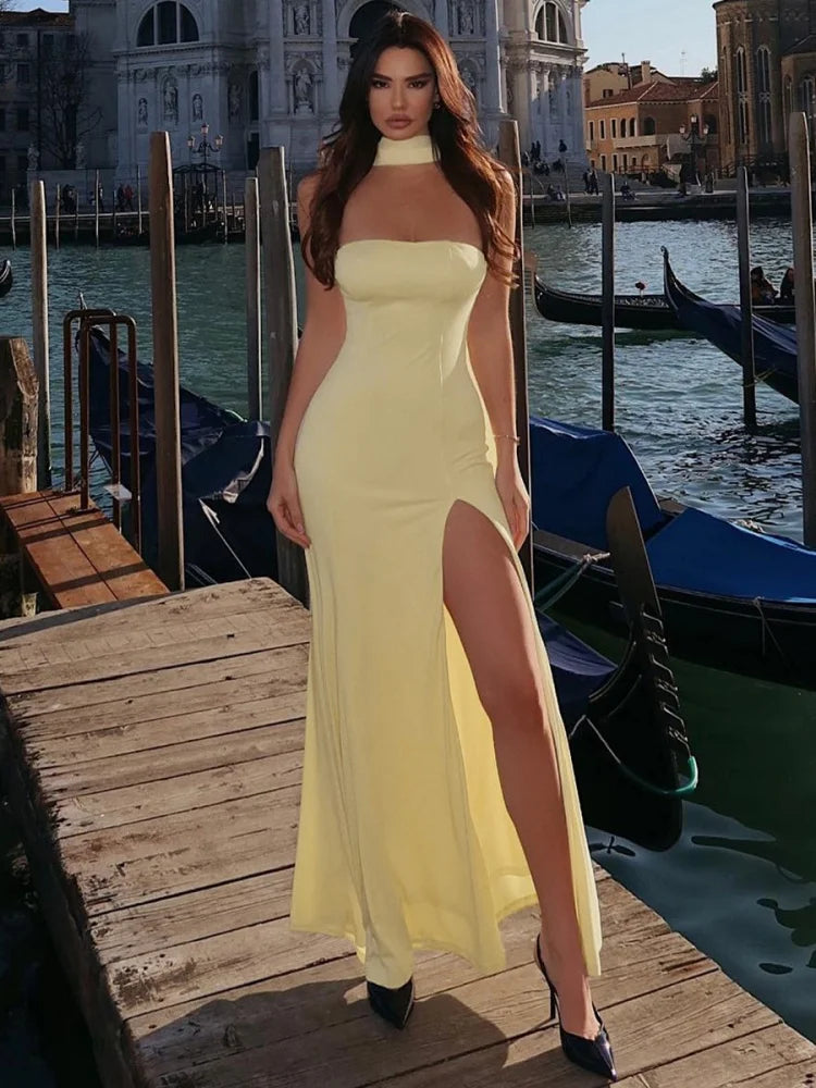 Strapless Backless Side Split Maxi Dress Yellow Elegant Summer Wedding Guest Dresses Woman