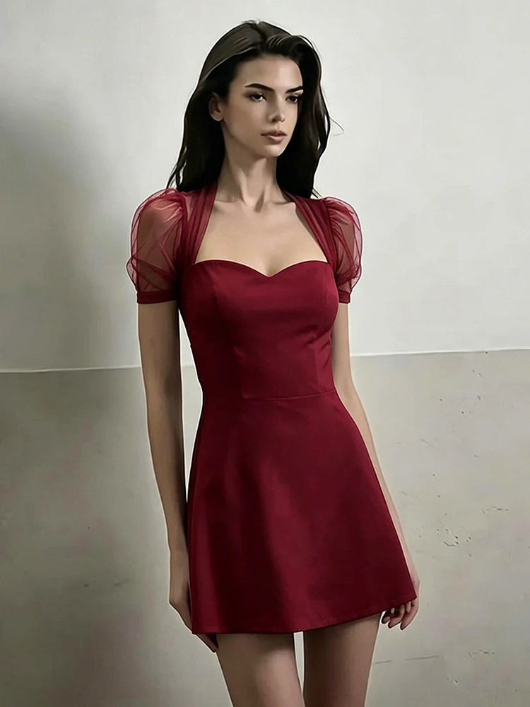 Women Elegant Square Collar Dress Fashion Mesh Patchwork Short Sleeve Stretch Sexy Trend Evening Party Club Bodycon