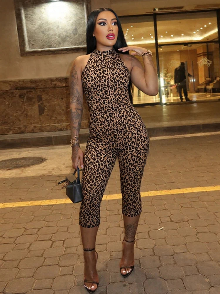 Sexy Leopard Print Romper Women Flocking Backless Tight Bandage Midnight Hipster Street Activity Sleeveless Playsuits