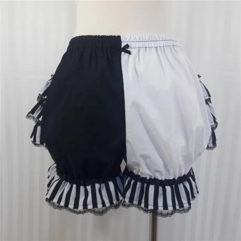Lolita Women Bloomers Shorts Color Block Patchwork Ruffle Lace Elastic Waist Pumpkin Pantalettes Sweet Cosplay Bottoms