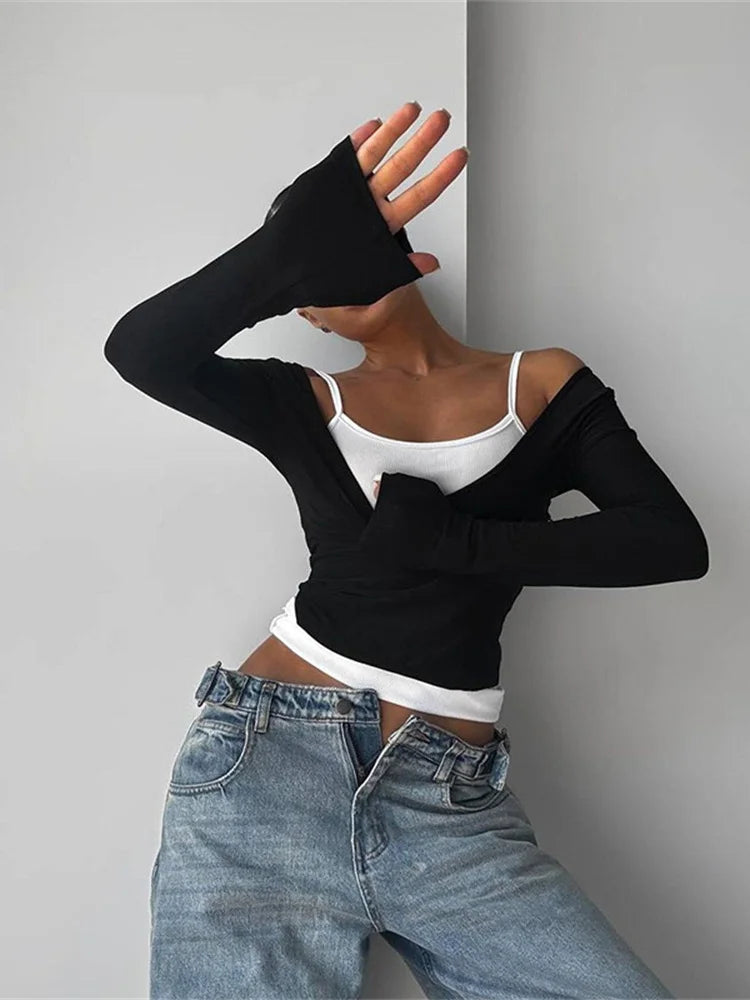 Slash Neck Women Crop Tops Simple Basic Full Sleeve Elegant Simple Basic Wild Streetwear Stretch Simple T-Shirts