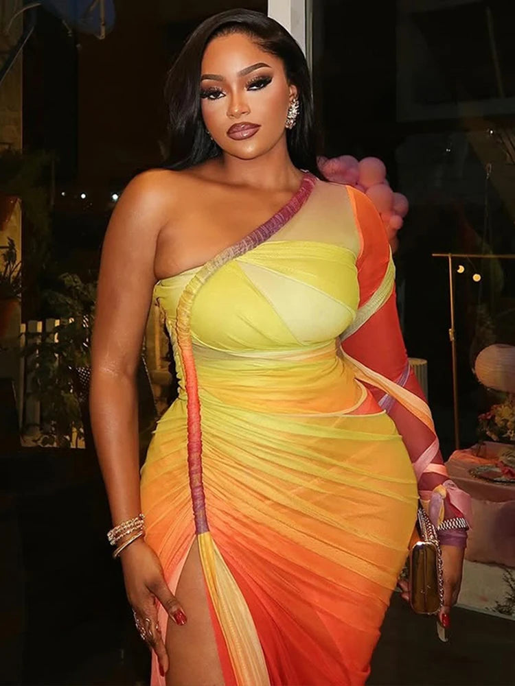 Irregular Sexy Dress Women See Through Gradient Print Skew Collar Split Shirring Ribbon Ruched Birthday Club Vestidos