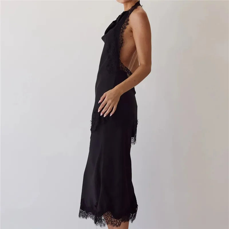 2 Piece Satin Halter Lace Trim Cowl Neck Backless Tops with Mid Length Slip Skirt Set For Women Party Cocktail Nightclub