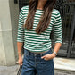 Women Boat Neck Striped T Shirt 3/4 Sleeve Slim Fit Cropped Tee French Retro Basic Top Casual Daily Spring Fall Blouse