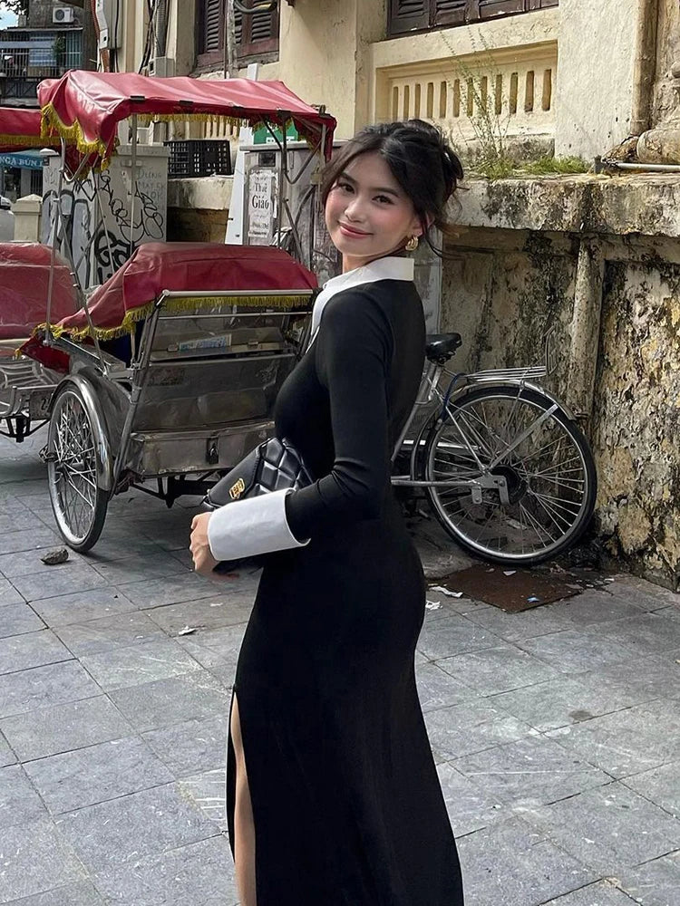 Patchwork V-Neck Dress Women Chic Full Sleeve Ribbon Knot Side Split Stretch Basic Streetwear Elegant Casual Bodycon