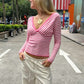 Daily Casuals Fashion Stripes T-Shirt Women Trend Simple V-Neck Line Patchwork Full Sleeve Chic Sporty Street Crop Tees