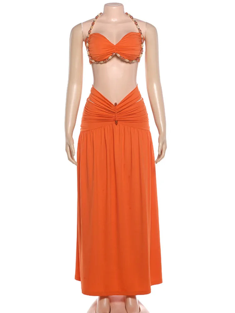 Women 2 Piece Outfit Beaded Halter Bandeau Top Cutout Maxi Skirt Set Ruched Beach Vacation Party Two‑Piece Dress Set