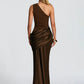 One Shoulder Backless Sexy Maxi Dress Women Gown Elegant Patchwork Skew Collar Sleeveless Bodycon Club Party Long Dress