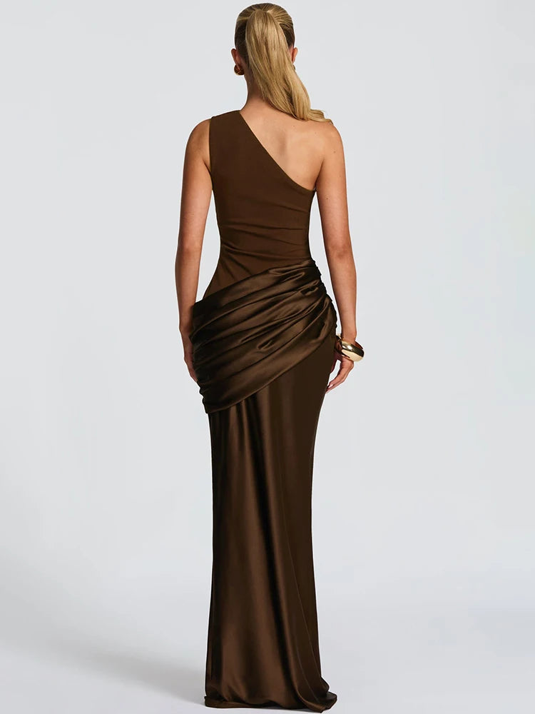 One Shoulder Backless Sexy Maxi Dress Women Gown Elegant Patchwork Skew Collar Sleeveless Bodycon Club Party Long Dress