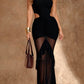 Elegant Dress Woman Off Shoulder Irregular Halter Backless Waistless Mesh Patchwork Ruffles Decoration Skinny Bodycon