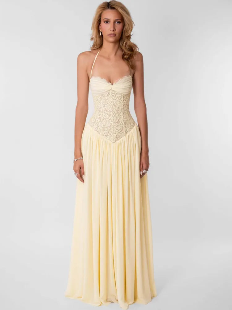 Women Halter Lace Corset Sexy Maxi Dress Sleeveless Ruched Long Dress Sweetheart Neck Backless Evening Party Dresses