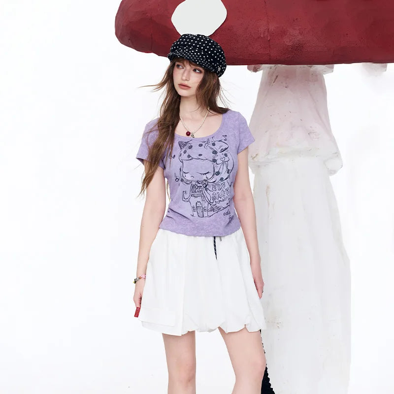Women's Cartoon Print Purple T-Shirt, Square Neck Ruched Short Sleeve Tee, Ribbed Knit Curved Hem Cute Summer Top