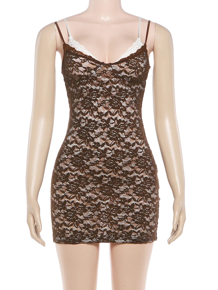 Sexy Sling Dress Woman Lace Patchwork Low-Neck Backless Sleeveless Skinny Peach Hip High Street Fashion Mini Bodycon