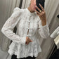 Vintage Sheer Floral Lace Shirt Women Stand Collar Chinese Knot Buttons Puff Sleeve Peplum Slim Fit Casual Street Blouse
