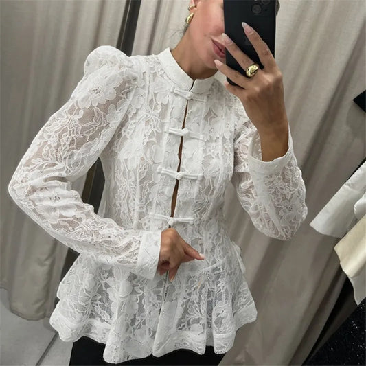 Vintage Sheer Floral Lace Shirt Women Stand Collar Chinese Knot Buttons Puff Sleeve Peplum Slim Fit Casual Street Blouse